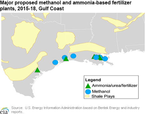 Major proposed methanol and ammonia-based fertilizer plants, 2015-18, Gulf Coast