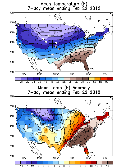 Mean Temperature (F) 7-Day Mean ending Feb 22, 2018