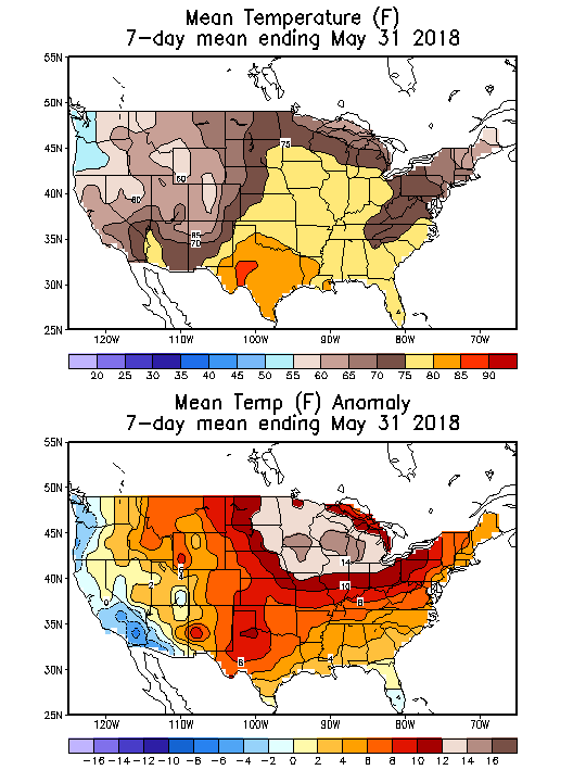Mean Temperature (F) 7-Day Mean ending May 31, 2018