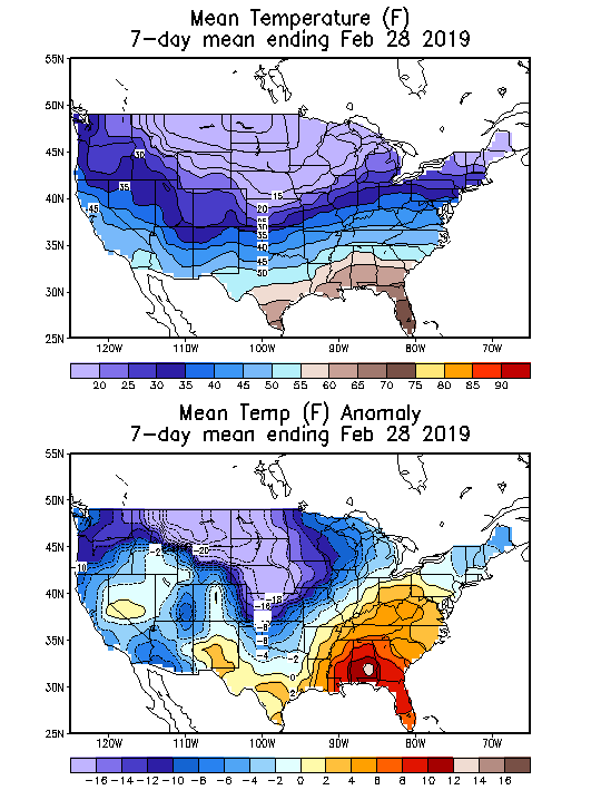 Mean Temperature (F) 7-Day Mean ending Feb 28, 2019