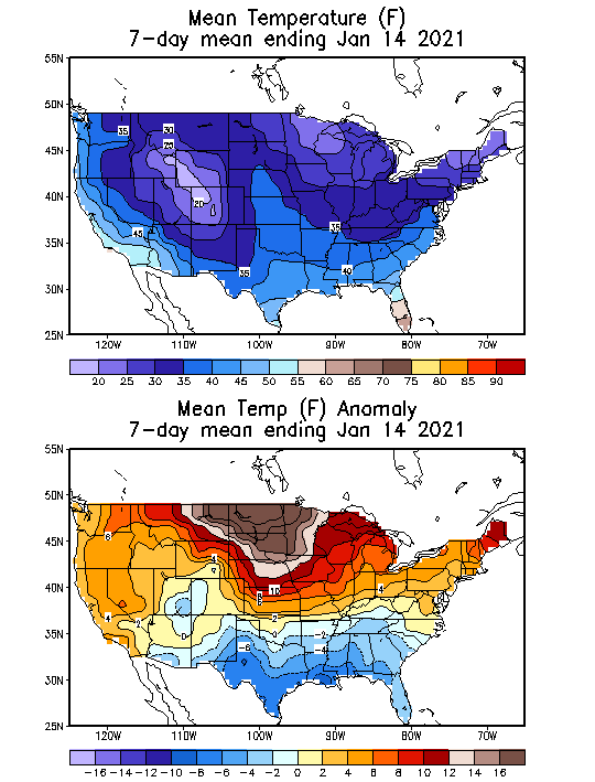 Mean Temperature (F) 7-Day Mean ending Jan 14, 2021